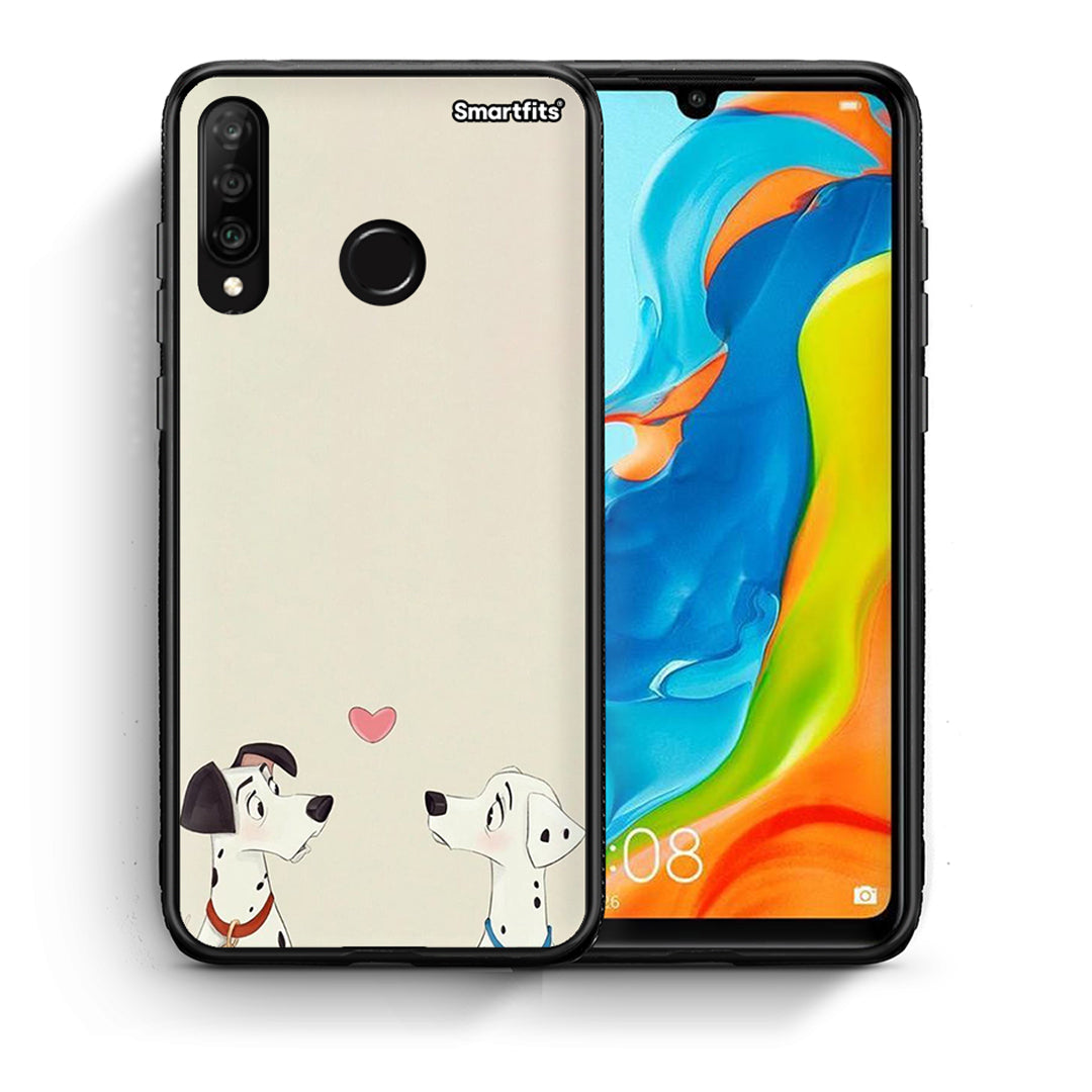 Θήκη Huawei P30 Lite Dalmatians Love από τη Smartfits με σχέδιο στο πίσω μέρος και μαύρο περίβλημα | Huawei P30 Lite Dalmatians Love case with colorful back and black bezels
