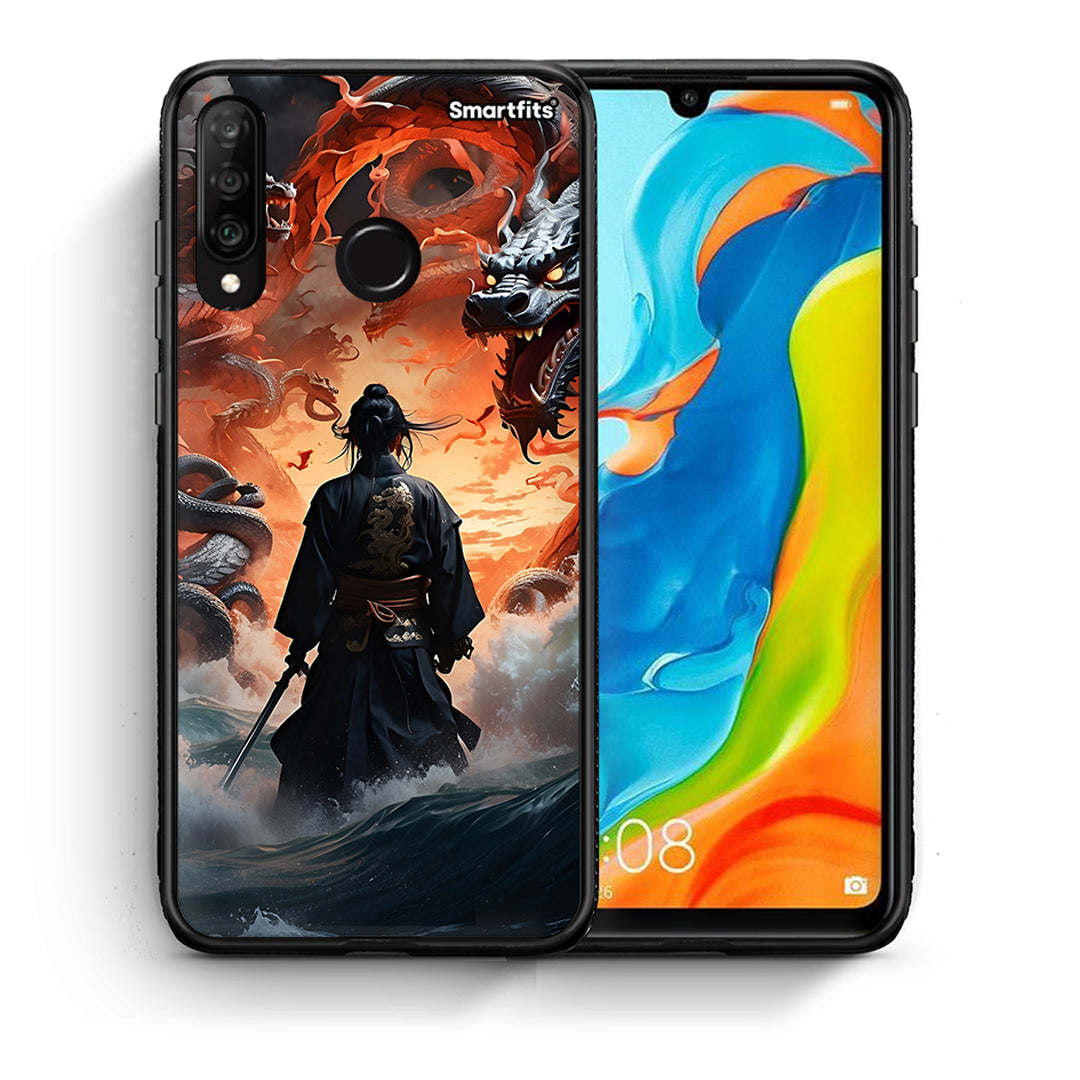 Θήκη Huawei P30 Lite Dragons Fight από τη Smartfits με σχέδιο στο πίσω μέρος και μαύρο περίβλημα | Huawei P30 Lite Dragons Fight case with colorful back and black bezels