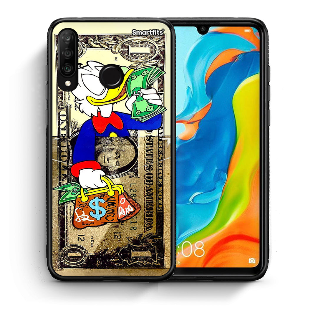 Θήκη Huawei P30 Lite Duck Money από τη Smartfits με σχέδιο στο πίσω μέρος και μαύρο περίβλημα | Huawei P30 Lite Duck Money case with colorful back and black bezels