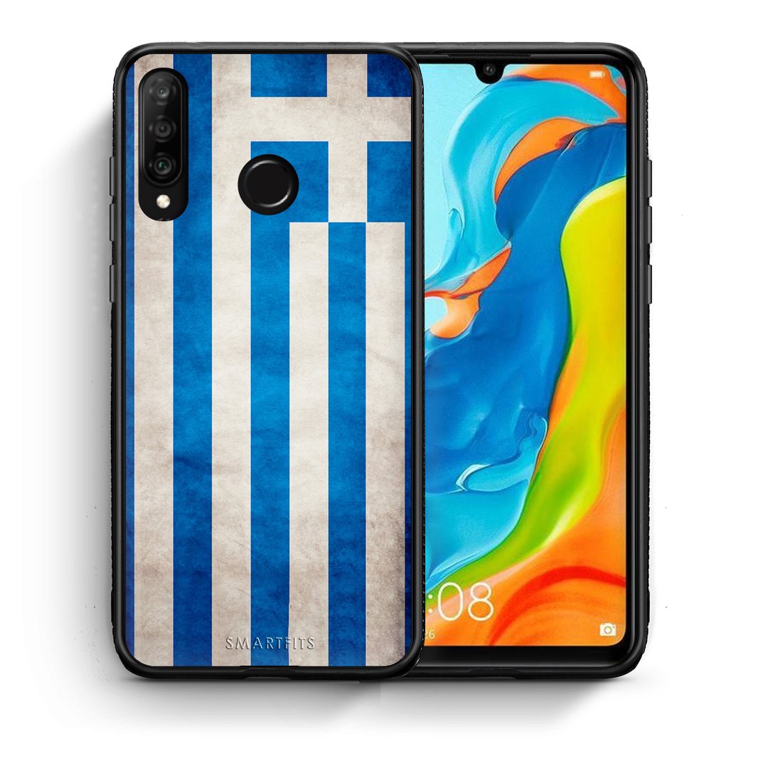 Θήκη Huawei P30 Lite Greek Flag από τη Smartfits με σχέδιο στο πίσω μέρος και μαύρο περίβλημα | Huawei P30 Lite Greek Flag case with colorful back and black bezels