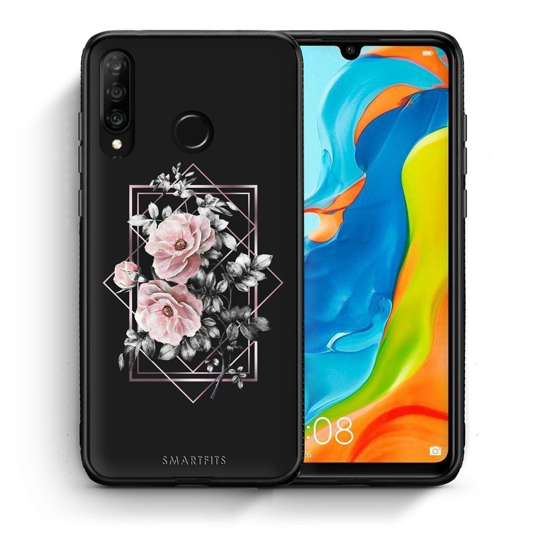 Θήκη Huawei P30 Lite Frame Flower από τη Smartfits με σχέδιο στο πίσω μέρος και μαύρο περίβλημα | Huawei P30 Lite Frame Flower case with colorful back and black bezels