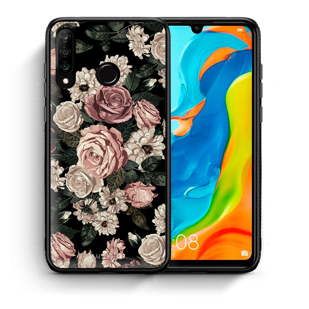 Θήκη Huawei P30 Lite Wild Roses Flower από τη Smartfits με σχέδιο στο πίσω μέρος και μαύρο περίβλημα | Huawei P30 Lite Wild Roses Flower case with colorful back and black bezels