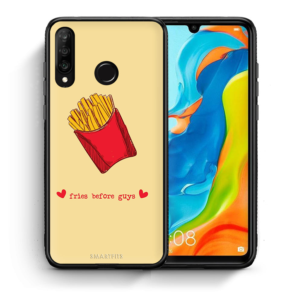 Θήκη Αγίου Βαλεντίνου Huawei P30 Lite Fries Before Guys από τη Smartfits με σχέδιο στο πίσω μέρος και μαύρο περίβλημα | Huawei P30 Lite Fries Before Guys case with colorful back and black bezels