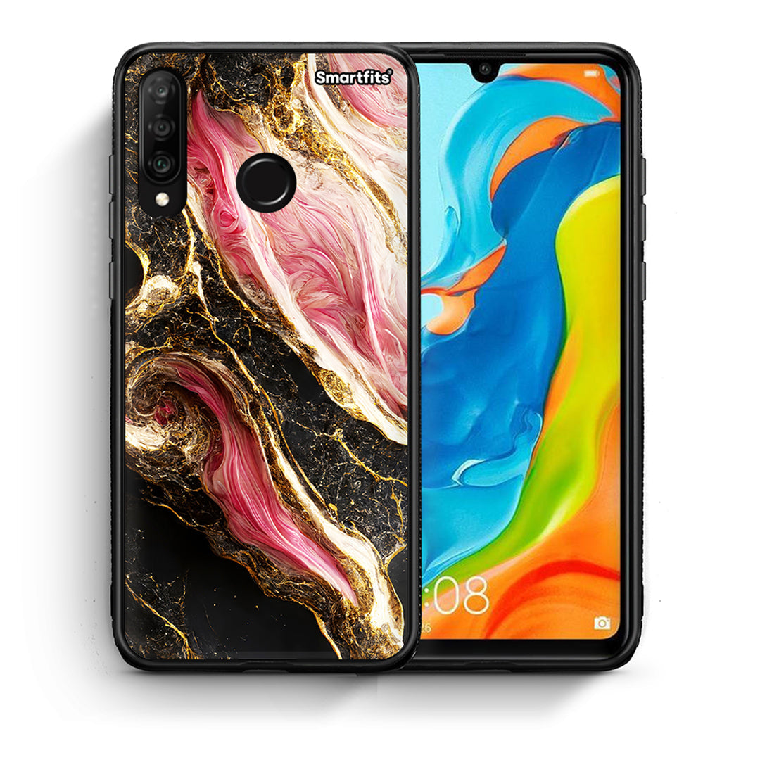 Θήκη Huawei P30 Lite Glamorous Pink Marble από τη Smartfits με σχέδιο στο πίσω μέρος και μαύρο περίβλημα | Huawei P30 Lite Glamorous Pink Marble case with colorful back and black bezels