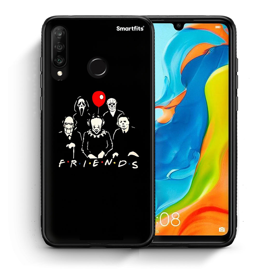 Θήκη Huawei P30 Lite Halloween Friends από τη Smartfits με σχέδιο στο πίσω μέρος και μαύρο περίβλημα | Huawei P30 Lite Halloween Friends case with colorful back and black bezels