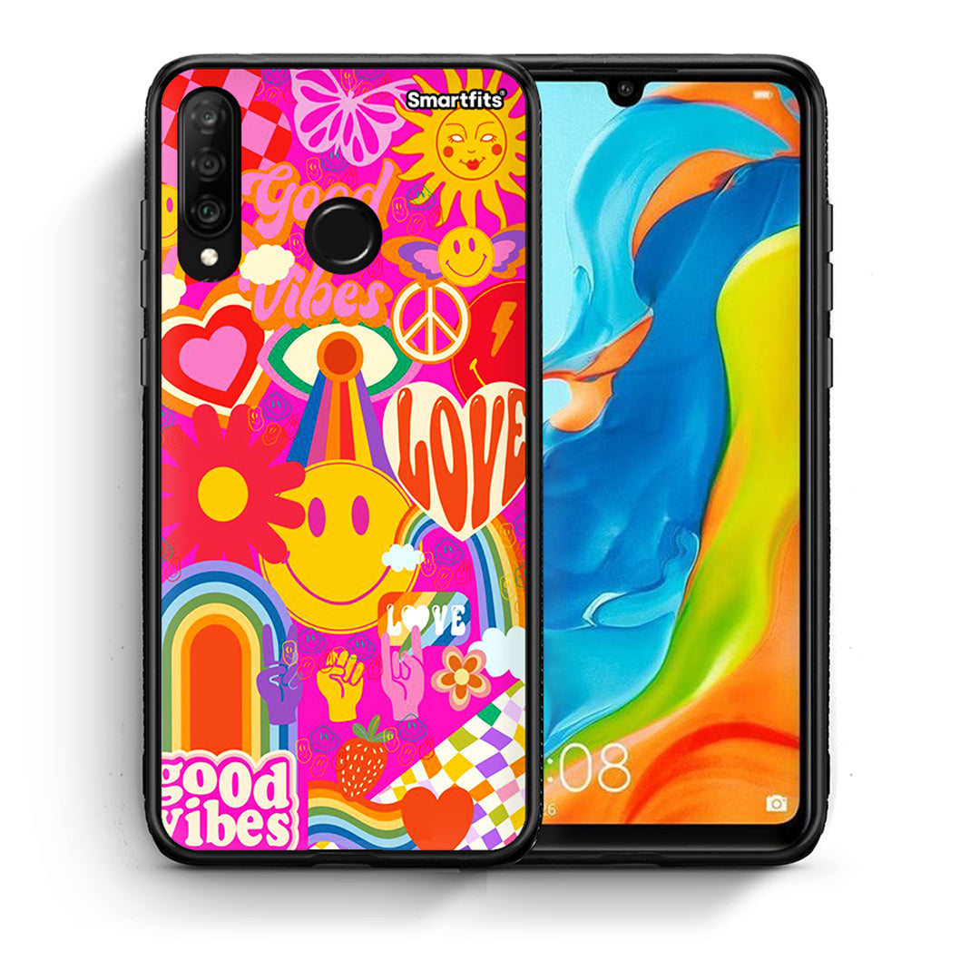 Θήκη Huawei P30 Lite Hippie Love από τη Smartfits με σχέδιο στο πίσω μέρος και μαύρο περίβλημα | Huawei P30 Lite Hippie Love case with colorful back and black bezels