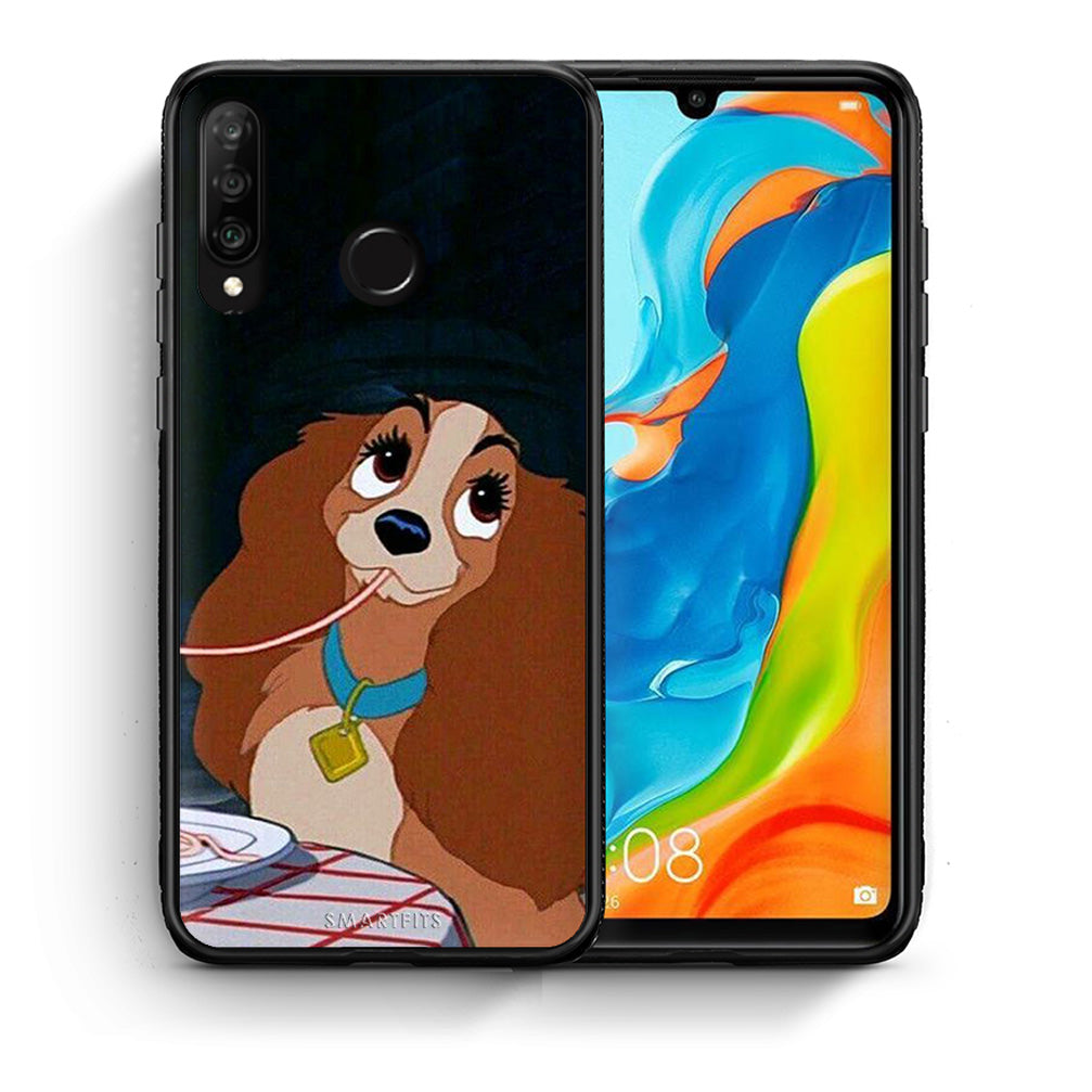 Θήκη Αγίου Βαλεντίνου Huawei P30 Lite Lady And Tramp 2 από τη Smartfits με σχέδιο στο πίσω μέρος και μαύρο περίβλημα | Huawei P30 Lite Lady And Tramp 2 case with colorful back and black bezels