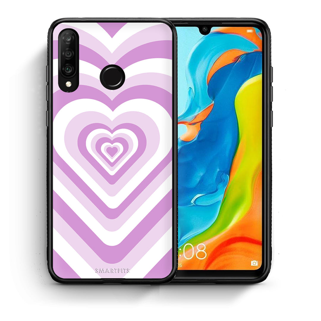 Θήκη Huawei P30 Lite Lilac Hearts από τη Smartfits με σχέδιο στο πίσω μέρος και μαύρο περίβλημα | Huawei P30 Lite Lilac Hearts case with colorful back and black bezels