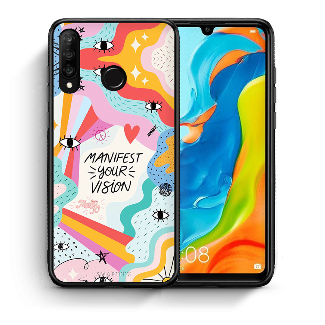 Θήκη Huawei P30 Lite Manifest Your Vision από τη Smartfits με σχέδιο στο πίσω μέρος και μαύρο περίβλημα | Huawei P30 Lite Manifest Your Vision case with colorful back and black bezels