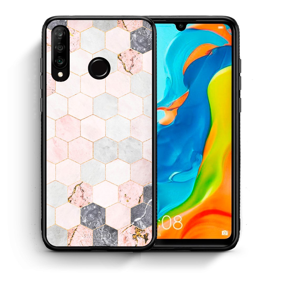 Θήκη Huawei P30 Lite Hexagon Pink Marble από τη Smartfits με σχέδιο στο πίσω μέρος και μαύρο περίβλημα | Huawei P30 Lite Hexagon Pink Marble case with colorful back and black bezels