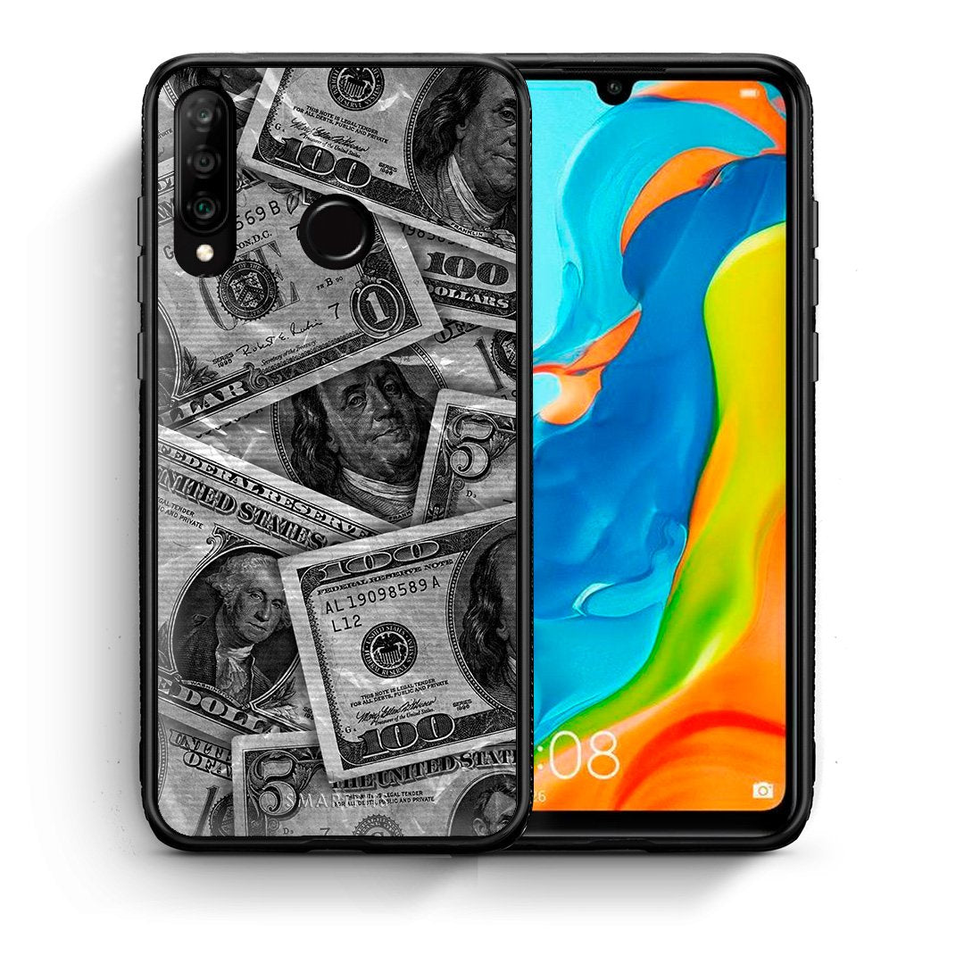 Θήκη Huawei P30 Lite Money Dollars από τη Smartfits με σχέδιο στο πίσω μέρος και μαύρο περίβλημα | Huawei P30 Lite Money Dollars case with colorful back and black bezels