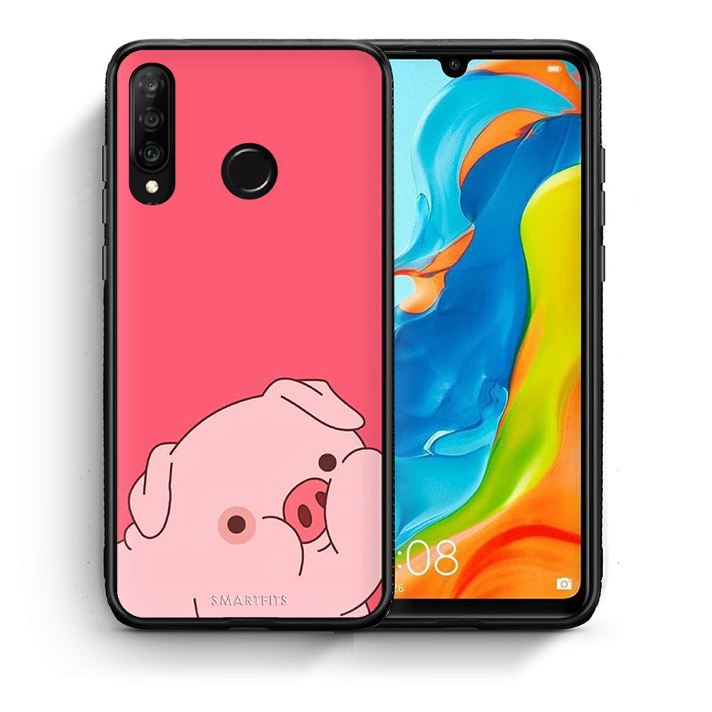 Θήκη Αγίου Βαλεντίνου Huawei P30 Lite Pig Love 1 από τη Smartfits με σχέδιο στο πίσω μέρος και μαύρο περίβλημα | Huawei P30 Lite Pig Love 1 case with colorful back and black bezels