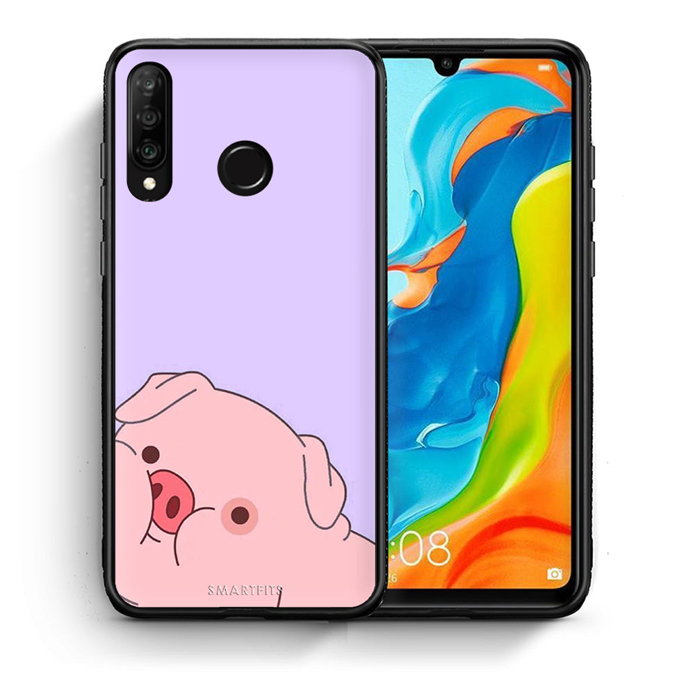 Θήκη Αγίου Βαλεντίνου Huawei P30 Lite Pig Love 2 από τη Smartfits με σχέδιο στο πίσω μέρος και μαύρο περίβλημα | Huawei P30 Lite Pig Love 2 case with colorful back and black bezels