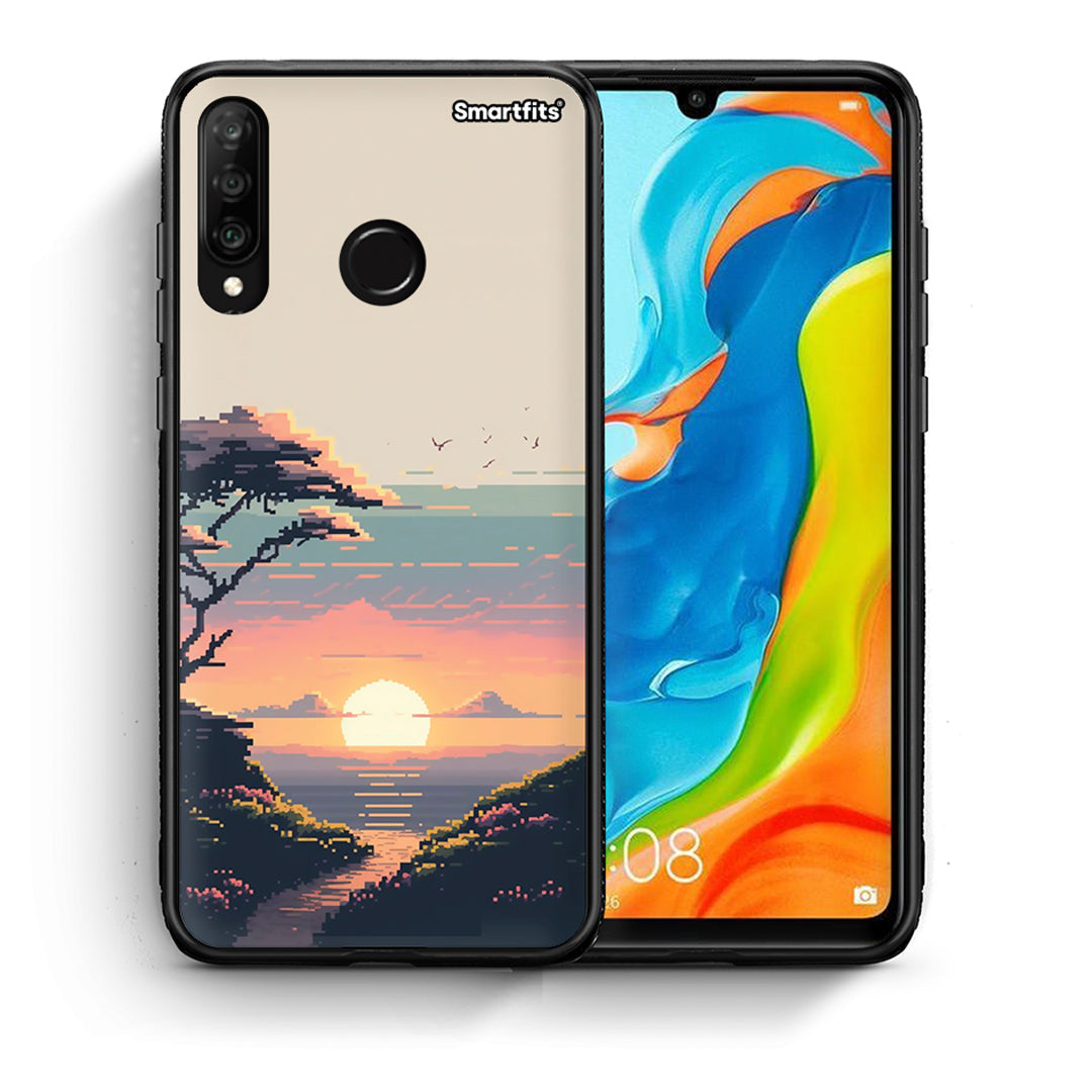 Θήκη Huawei P30 Lite Pixel Sunset από τη Smartfits με σχέδιο στο πίσω μέρος και μαύρο περίβλημα | Huawei P30 Lite Pixel Sunset case with colorful back and black bezels