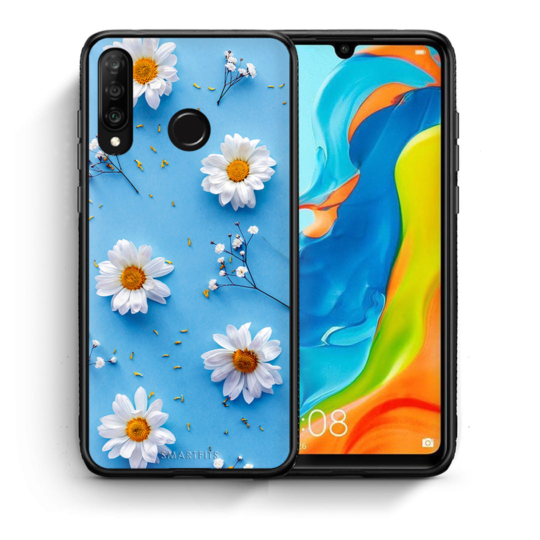 Θήκη Huawei P30 Lite Real Daisies από τη Smartfits με σχέδιο στο πίσω μέρος και μαύρο περίβλημα | Huawei P30 Lite Real Daisies case with colorful back and black bezels