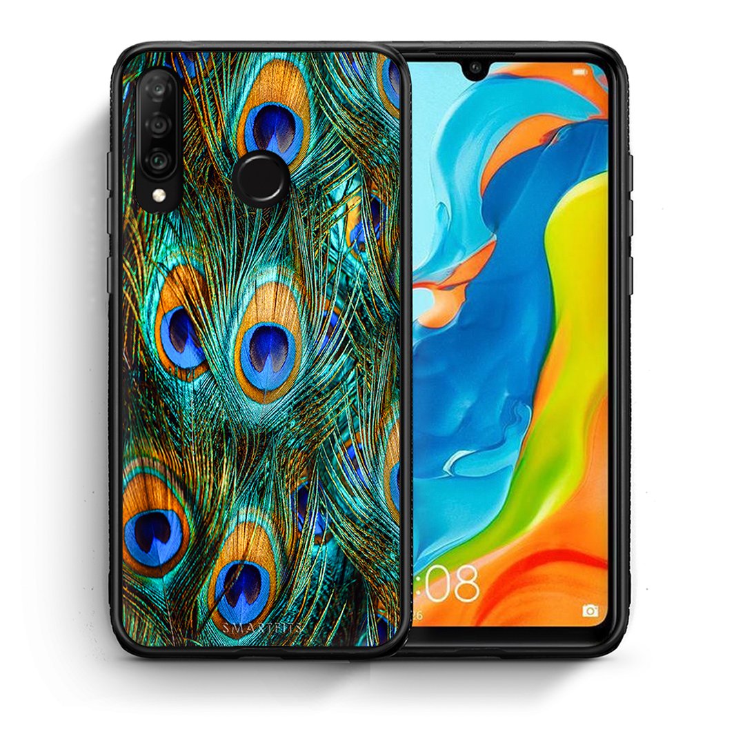 Θήκη Huawei P30 Lite Real Peacock Feathers από τη Smartfits με σχέδιο στο πίσω μέρος και μαύρο περίβλημα | Huawei P30 Lite Real Peacock Feathers case with colorful back and black bezels