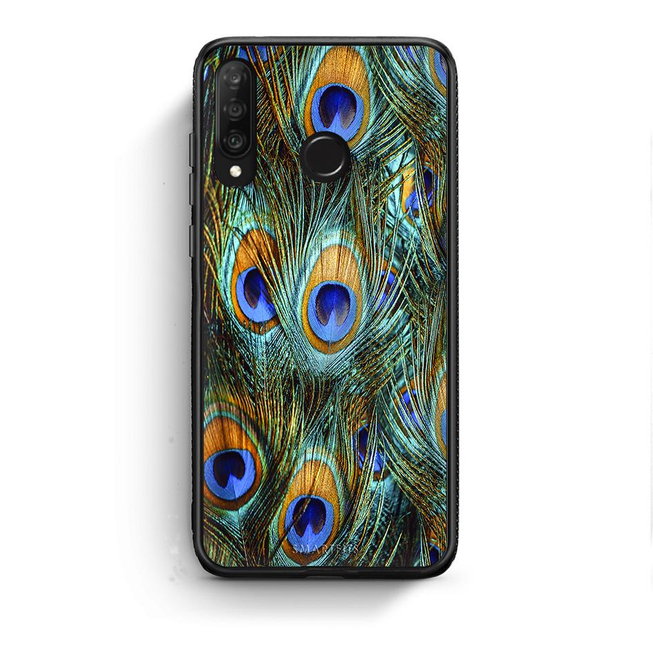 Huawei P30 Lite Real Peacock Feathers θήκη από τη Smartfits με σχέδιο στο πίσω μέρος και μαύρο περίβλημα | Smartphone case with colorful back and black bezels by Smartfits