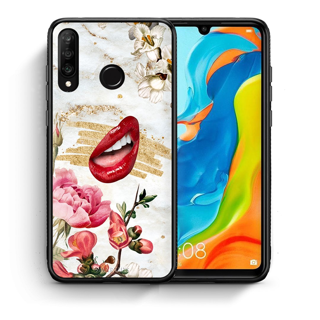 Θήκη Huawei P30 Lite Red Lips από τη Smartfits με σχέδιο στο πίσω μέρος και μαύρο περίβλημα | Huawei P30 Lite Red Lips case with colorful back and black bezels