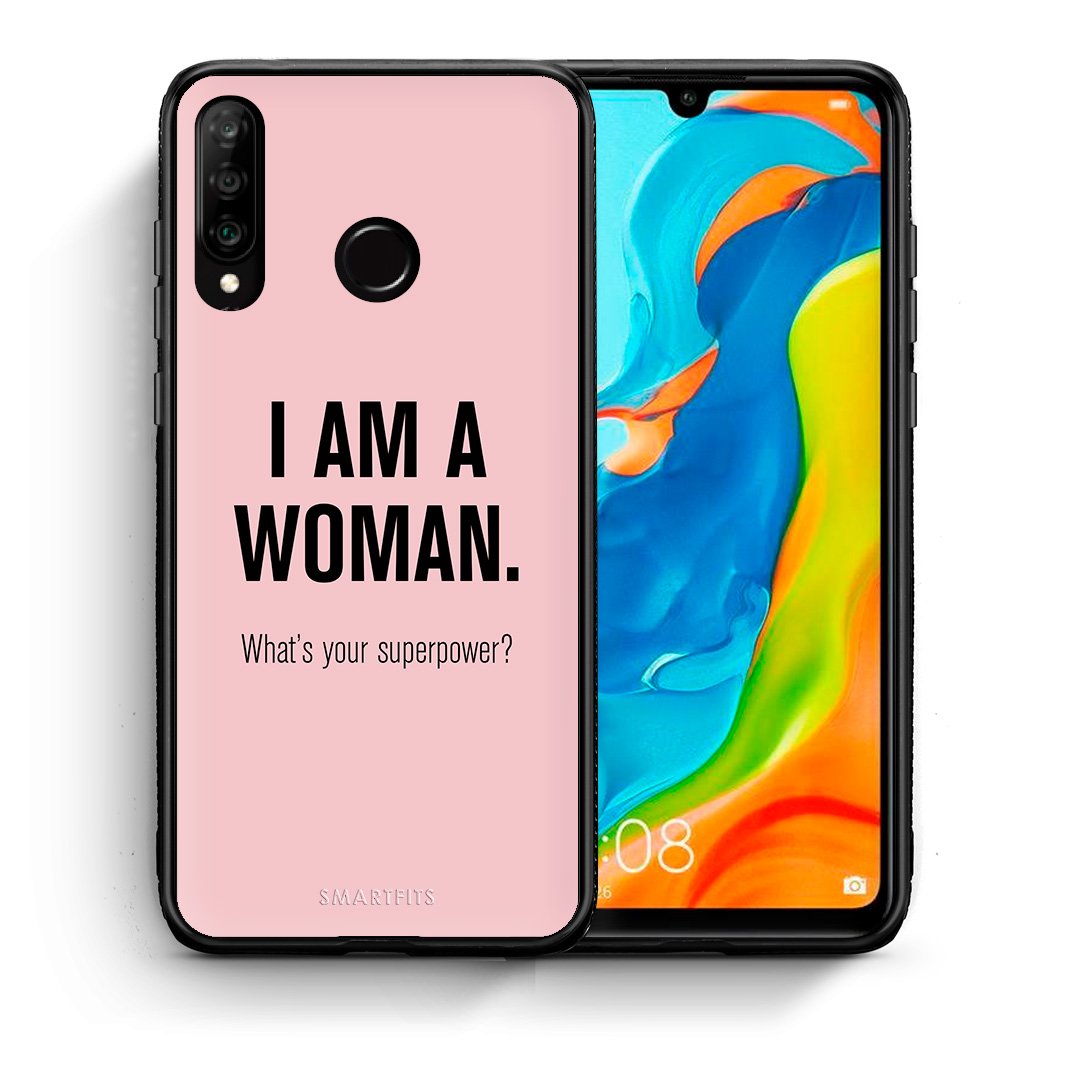 Θήκη Huawei P30 Lite Superpower Woman από τη Smartfits με σχέδιο στο πίσω μέρος και μαύρο περίβλημα | Huawei P30 Lite Superpower Woman case with colorful back and black bezels