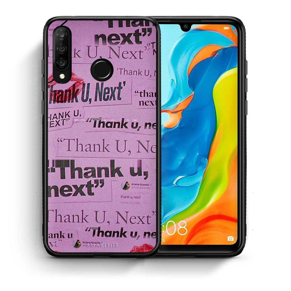 Θήκη Αγίου Βαλεντίνου Huawei P30 Lite Thank You Next από τη Smartfits με σχέδιο στο πίσω μέρος και μαύρο περίβλημα | Huawei P30 Lite Thank You Next case with colorful back and black bezels