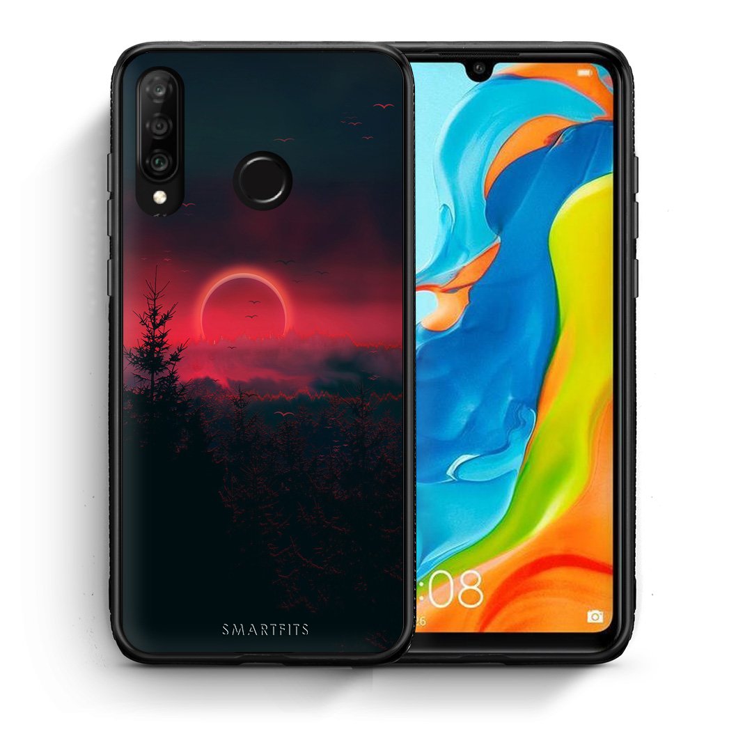 Θήκη Huawei P30 Lite Sunset Tropic από τη Smartfits με σχέδιο στο πίσω μέρος και μαύρο περίβλημα | Huawei P30 Lite Sunset Tropic case with colorful back and black bezels