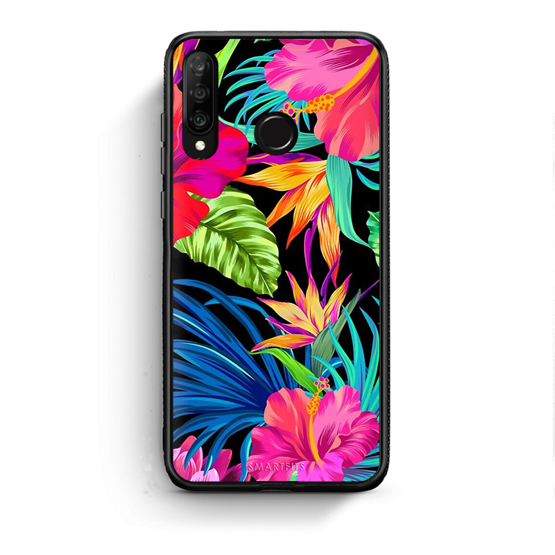 Huawei P30 Lite Tropical Flowers θήκη από τη Smartfits με σχέδιο στο πίσω μέρος και μαύρο περίβλημα | Smartphone case with colorful back and black bezels by Smartfits