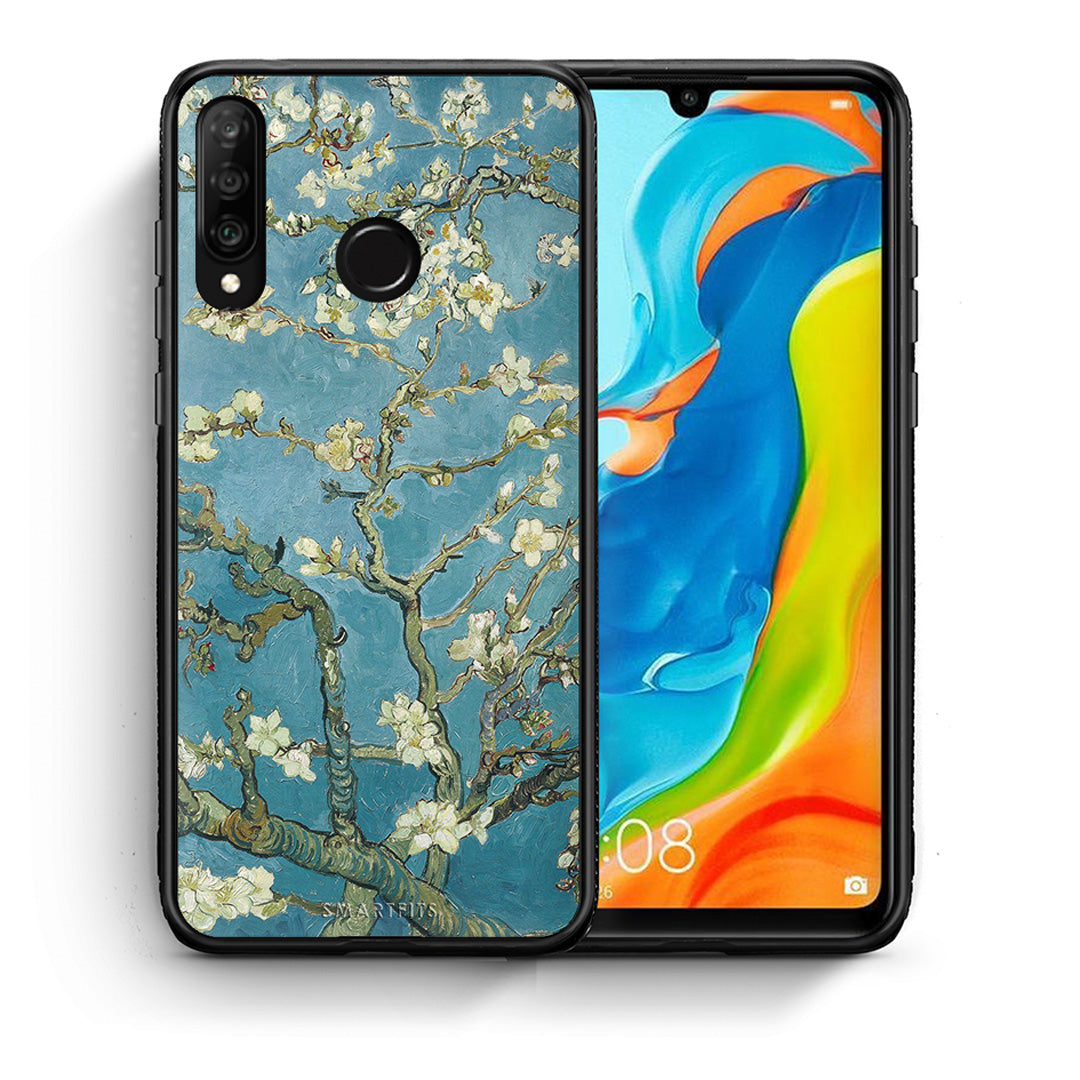 Θήκη Huawei P30 Lite White Blossoms από τη Smartfits με σχέδιο στο πίσω μέρος και μαύρο περίβλημα | Huawei P30 Lite White Blossoms case with colorful back and black bezels