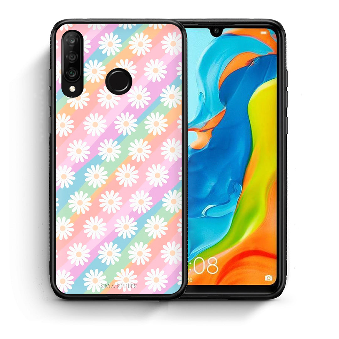 Θήκη Huawei P30 Lite White Daisies από τη Smartfits με σχέδιο στο πίσω μέρος και μαύρο περίβλημα | Huawei P30 Lite White Daisies case with colorful back and black bezels