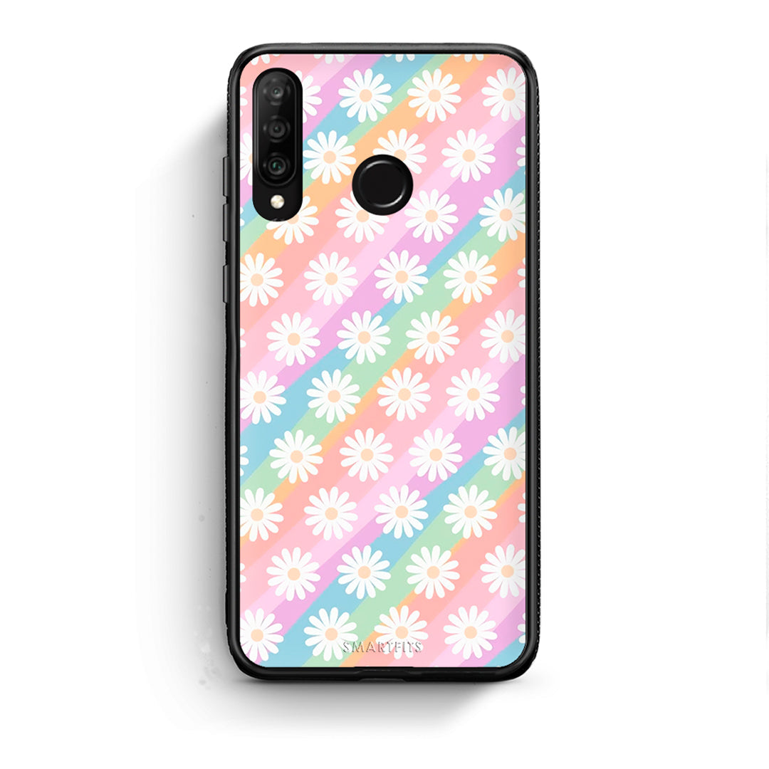 Huawei P30 Lite White Daisies θήκη από τη Smartfits με σχέδιο στο πίσω μέρος και μαύρο περίβλημα | Smartphone case with colorful back and black bezels by Smartfits