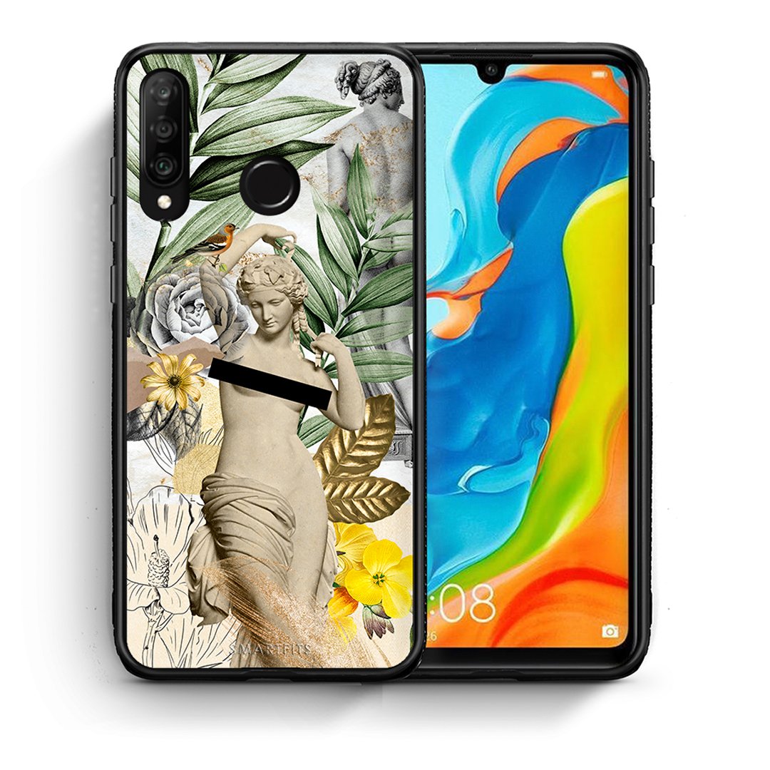 Θήκη Huawei P30 Lite Woman Statue από τη Smartfits με σχέδιο στο πίσω μέρος και μαύρο περίβλημα | Huawei P30 Lite Woman Statue case with colorful back and black bezels