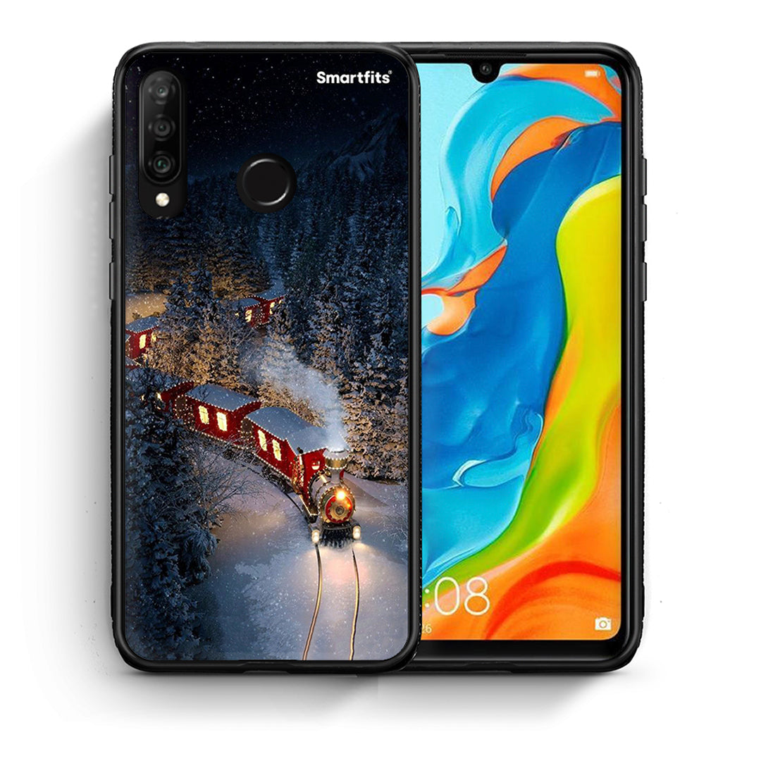 Θήκη Huawei P30 Lite Xmas Train από τη Smartfits με σχέδιο στο πίσω μέρος και μαύρο περίβλημα | Huawei P30 Lite Xmas Train case with colorful back and black bezels