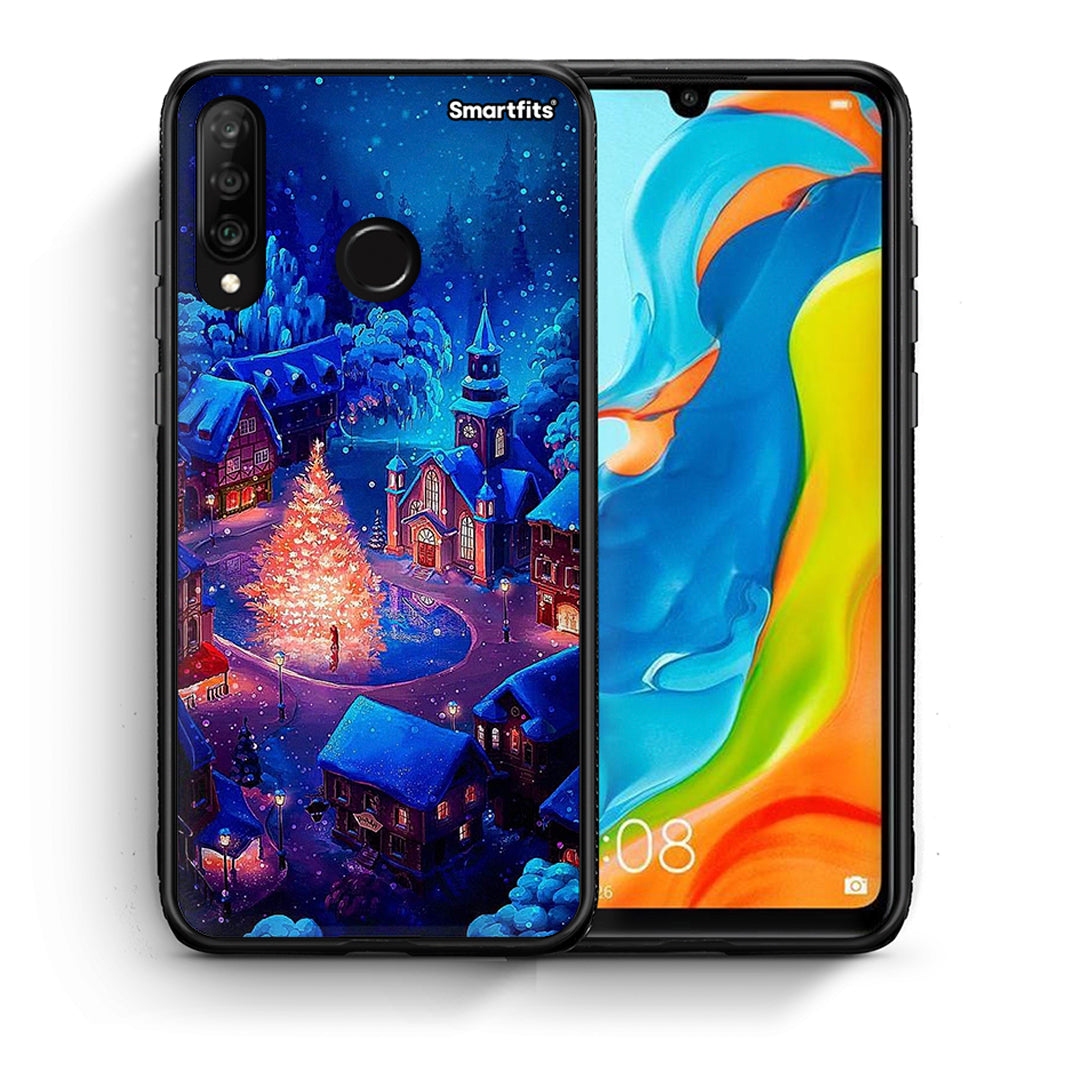 Θήκη Huawei P30 Lite Xmas Village από τη Smartfits με σχέδιο στο πίσω μέρος και μαύρο περίβλημα | Huawei P30 Lite Xmas Village case with colorful back and black bezels