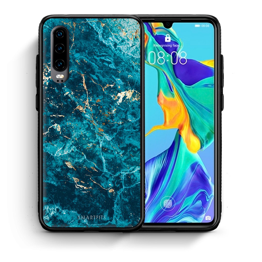 Θήκη Huawei P30 Marble Blue από τη Smartfits με σχέδιο στο πίσω μέρος και μαύρο περίβλημα | Huawei P30 Marble Blue case with colorful back and black bezels