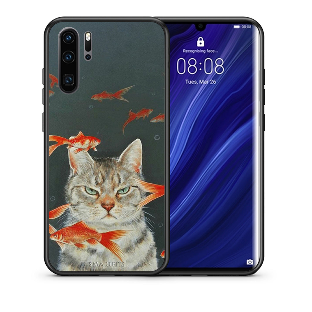 Θήκη Huawei P30 Pro Cat Goldfish από τη Smartfits με σχέδιο στο πίσω μέρος και μαύρο περίβλημα | Huawei P30 Pro Cat Goldfish case with colorful back and black bezels