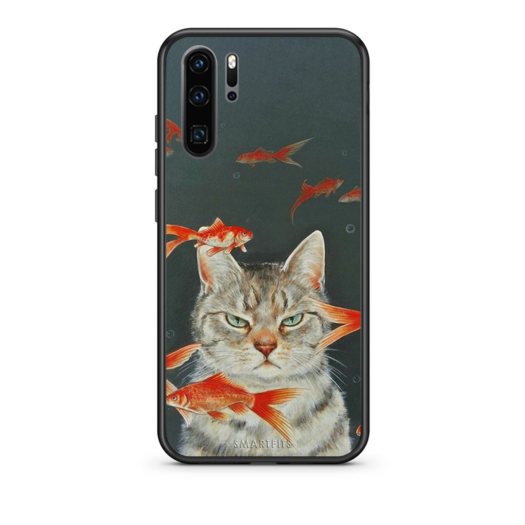 Huawei P30 Pro Cat Goldfish θήκη από τη Smartfits με σχέδιο στο πίσω μέρος και μαύρο περίβλημα | Smartphone case with colorful back and black bezels by Smartfits