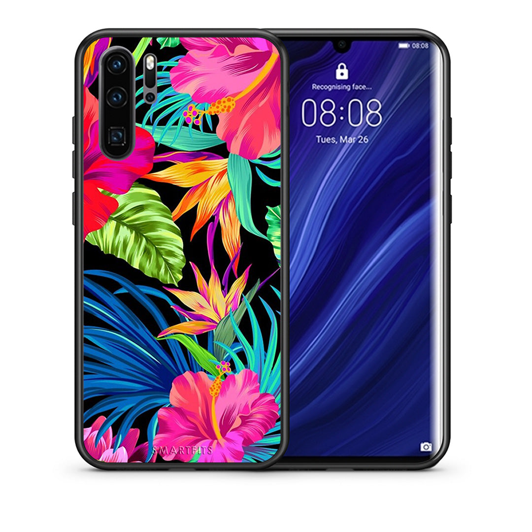 Θήκη Huawei P30 Pro Tropical Flowers από τη Smartfits με σχέδιο στο πίσω μέρος και μαύρο περίβλημα | Huawei P30 Pro Tropical Flowers case with colorful back and black bezels