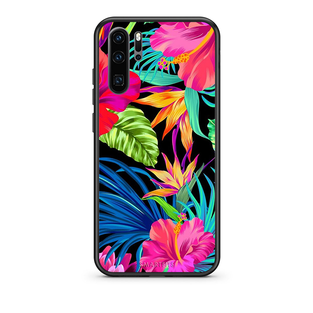 Huawei P30 Pro Tropical Flowers θήκη από τη Smartfits με σχέδιο στο πίσω μέρος και μαύρο περίβλημα | Smartphone case with colorful back and black bezels by Smartfits