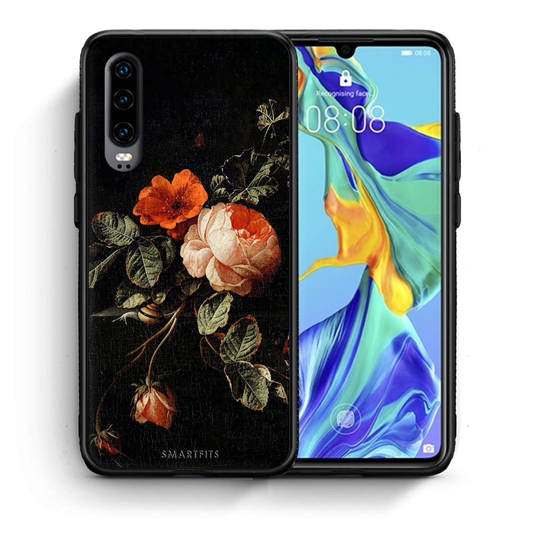 Θήκη Huawei P30 Vintage Roses από τη Smartfits με σχέδιο στο πίσω μέρος και μαύρο περίβλημα | Huawei P30 Vintage Roses case with colorful back and black bezels