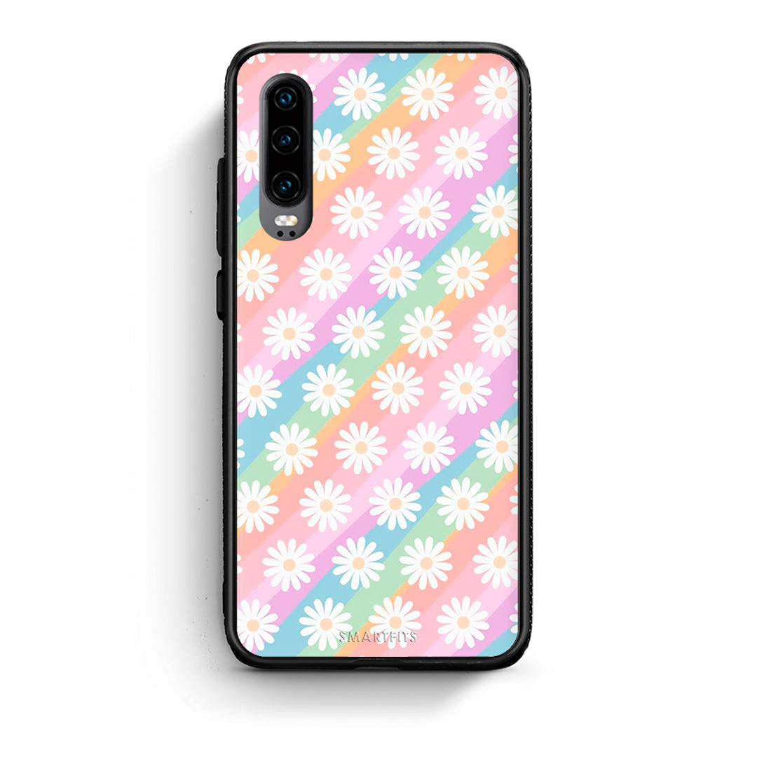 Huawei P30 White Daisies θήκη από τη Smartfits με σχέδιο στο πίσω μέρος και μαύρο περίβλημα | Smartphone case with colorful back and black bezels by Smartfits