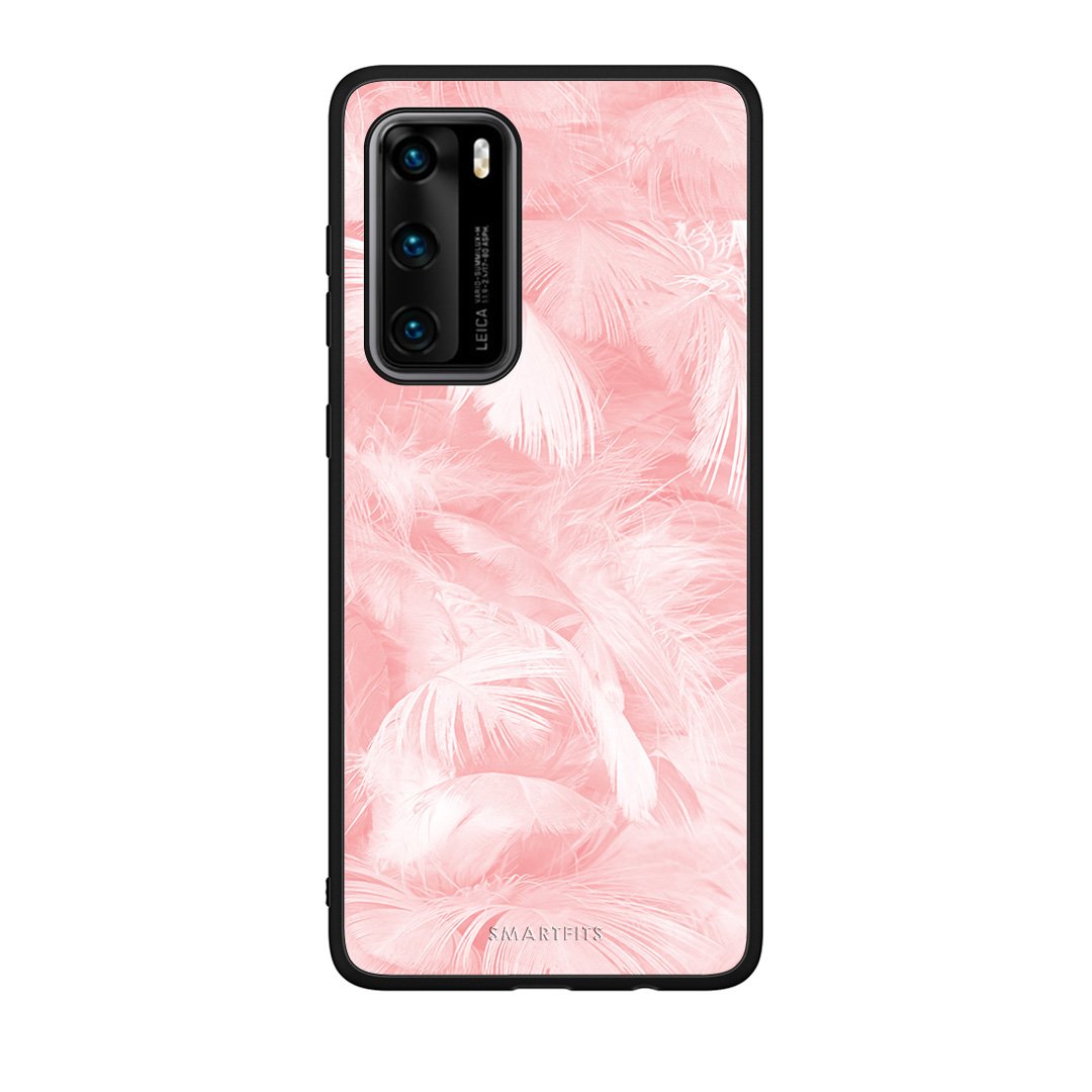33 - Huawei P40  Pink Feather Boho case, cover, bumper