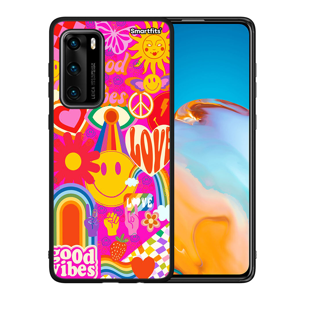 Θήκη Huawei P40 Hippie Love από τη Smartfits με σχέδιο στο πίσω μέρος και μαύρο περίβλημα | Huawei P40 Hippie Love case with colorful back and black bezels