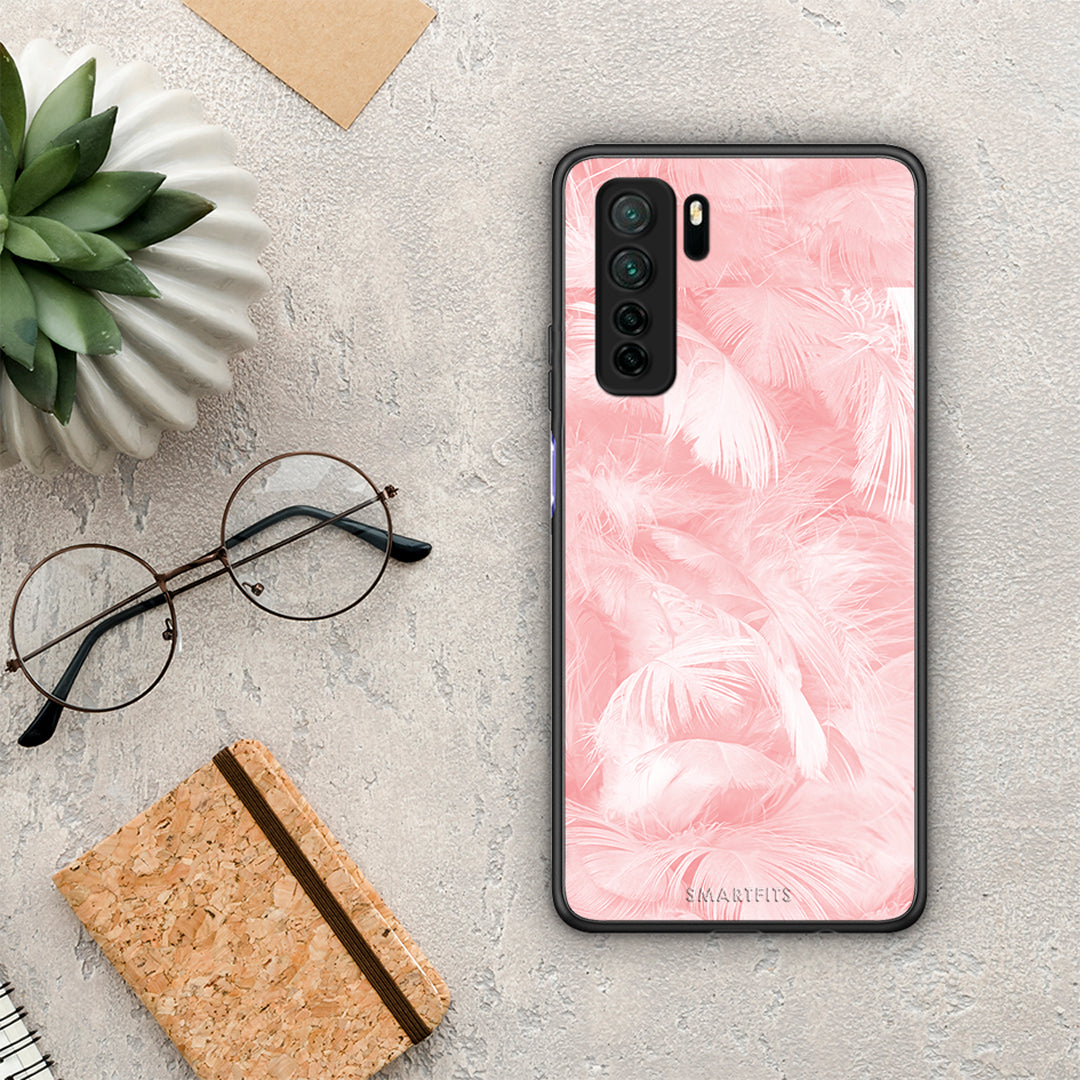 Θήκη Huawei P40 Lite 5G Boho Pink Feather από τη Smartfits με σχέδιο στο πίσω μέρος και μαύρο περίβλημα | Huawei P40 Lite 5G Boho Pink Feather Case with Colorful Back and Black Bezels