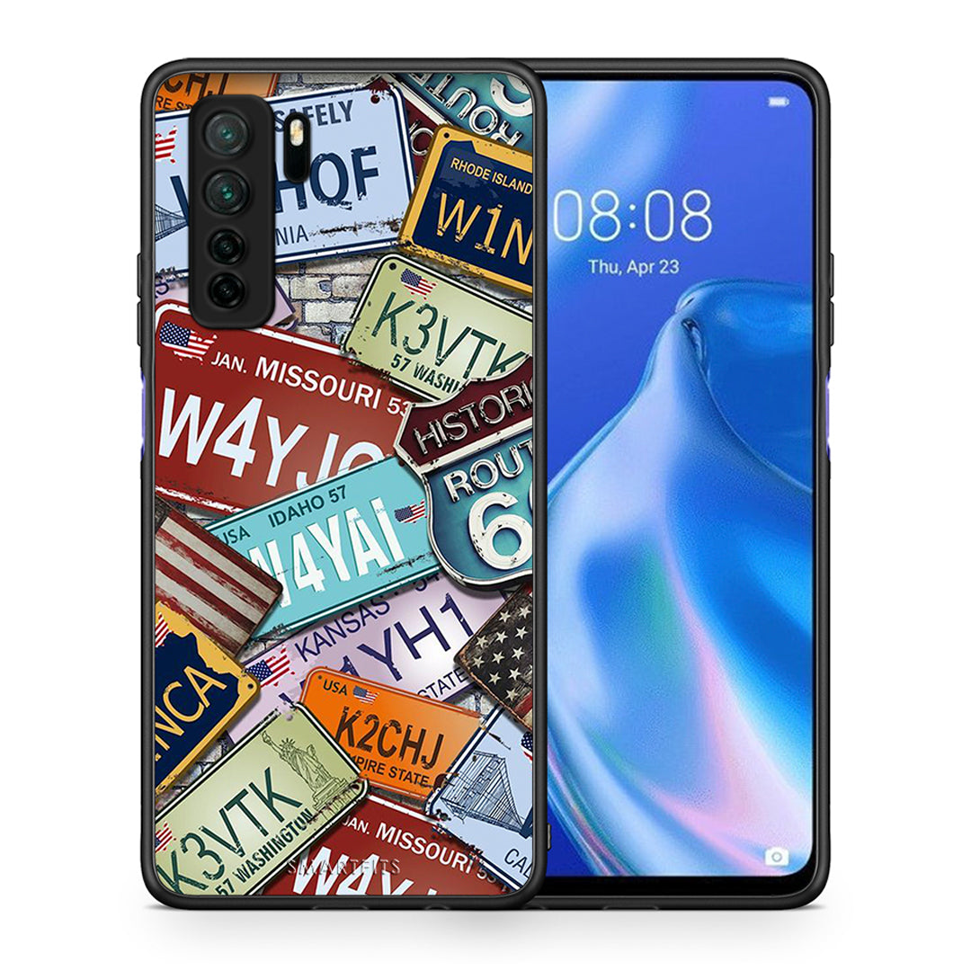 Θήκη Huawei P40 Lite 5G Car Plates από τη Smartfits με σχέδιο στο πίσω μέρος και μαύρο περίβλημα | Huawei P40 Lite 5G Car Plates Case with Colorful Back and Black Bezels