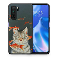 Thumbnail for Θήκη Huawei P40 Lite 5G Cat Goldfish από τη Smartfits με σχέδιο στο πίσω μέρος και μαύρο περίβλημα | Huawei P40 Lite 5G Cat Goldfish Case with Colorful Back and Black Bezels