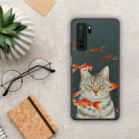 Thumbnail for Θήκη Huawei P40 Lite 5G Cat Goldfish από τη Smartfits με σχέδιο στο πίσω μέρος και μαύρο περίβλημα | Huawei P40 Lite 5G Cat Goldfish Case with Colorful Back and Black Bezels