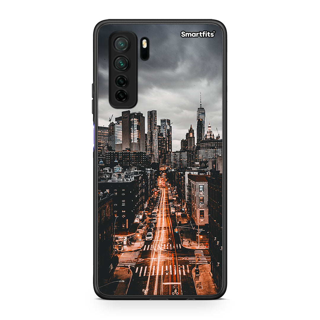 Θήκη Huawei P40 Lite 5G City Lights από τη Smartfits με σχέδιο στο πίσω μέρος και μαύρο περίβλημα | Huawei P40 Lite 5G City Lights Case with Colorful Back and Black Bezels