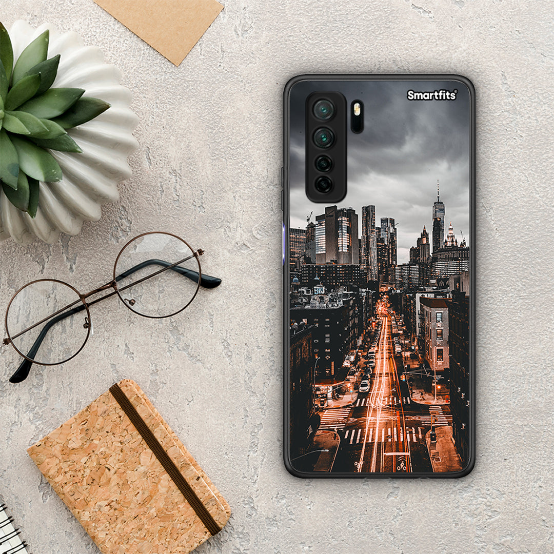 Θήκη Huawei P40 Lite 5G City Lights από τη Smartfits με σχέδιο στο πίσω μέρος και μαύρο περίβλημα | Huawei P40 Lite 5G City Lights Case with Colorful Back and Black Bezels