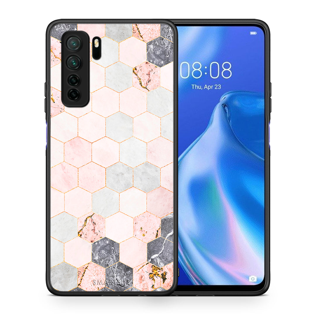 Θήκη Huawei P40 Lite 5G Marble Hexagon Pink από τη Smartfits με σχέδιο στο πίσω μέρος και μαύρο περίβλημα | Huawei P40 Lite 5G Marble Hexagon Pink Case with Colorful Back and Black Bezels