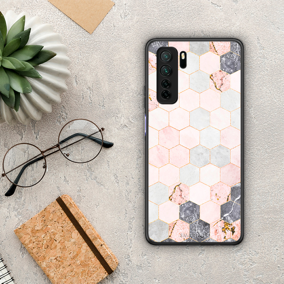 Θήκη Huawei P40 Lite 5G Marble Hexagon Pink από τη Smartfits με σχέδιο στο πίσω μέρος και μαύρο περίβλημα | Huawei P40 Lite 5G Marble Hexagon Pink Case with Colorful Back and Black Bezels