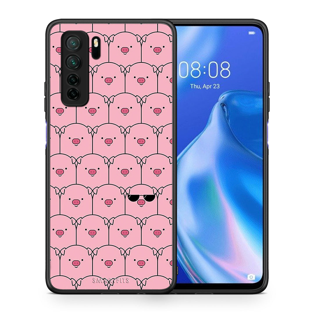 Θήκη Huawei P40 Lite 5G Pig Glasses από τη Smartfits με σχέδιο στο πίσω μέρος και μαύρο περίβλημα | Huawei P40 Lite 5G Pig Glasses Case with Colorful Back and Black Bezels